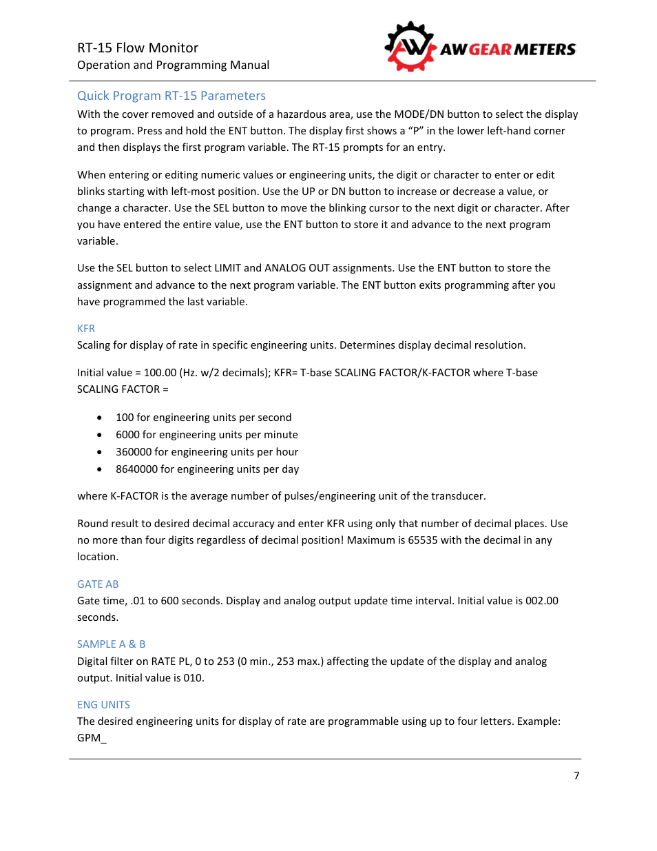 Rt‐15 flow monitor | AW Gear Meters RT-15 User Manual | Page 8 / 32