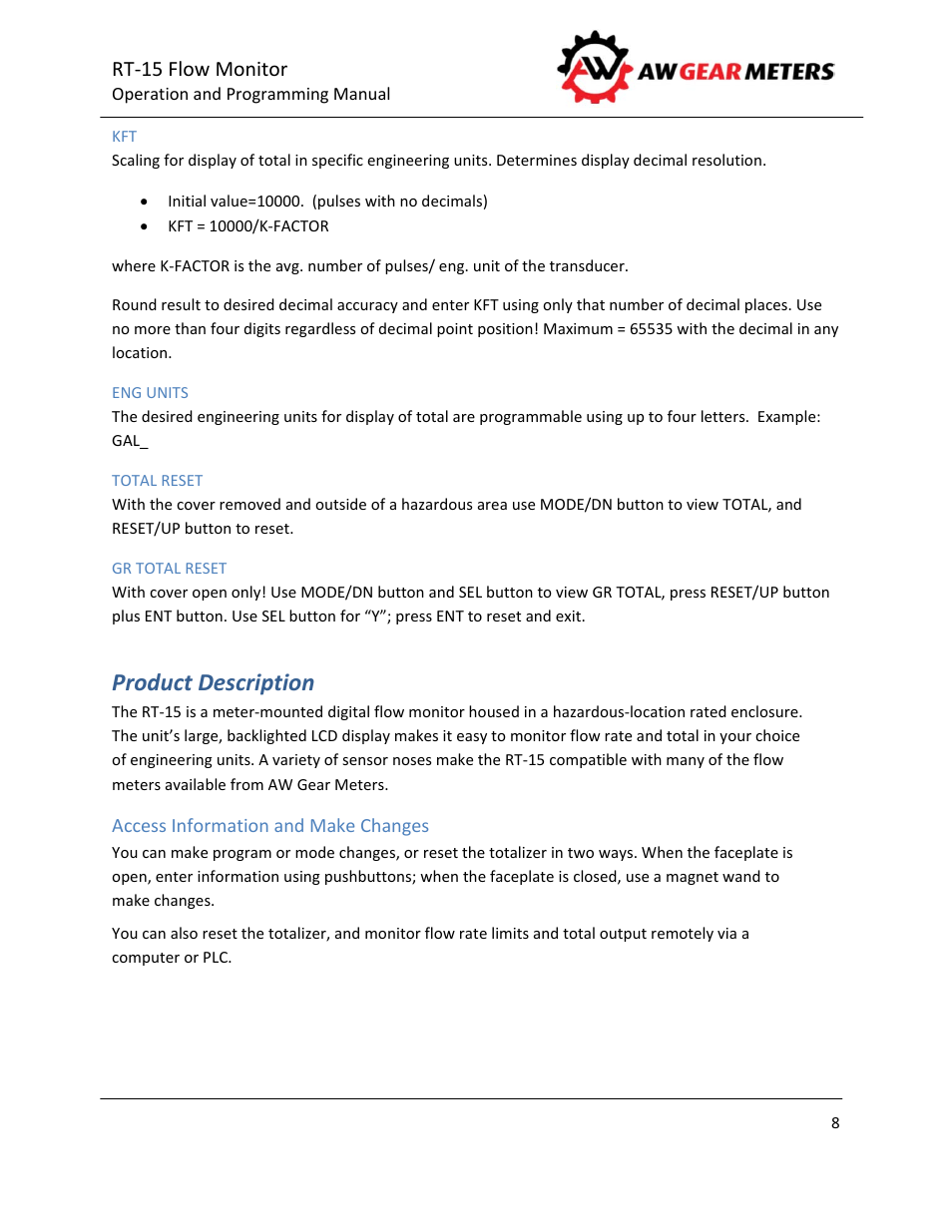 Product description, Rt‐15 flow monitor | AW Gear Meters RT-15 User Manual | Page 9 / 32
