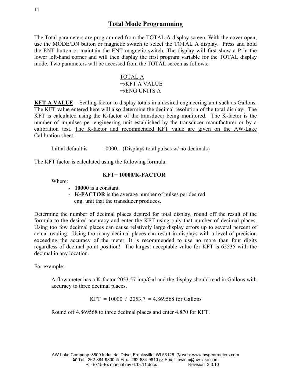 Total mode programming | AW Gear Meters RT-Ex15-Ex User Manual | Page 14 / 20