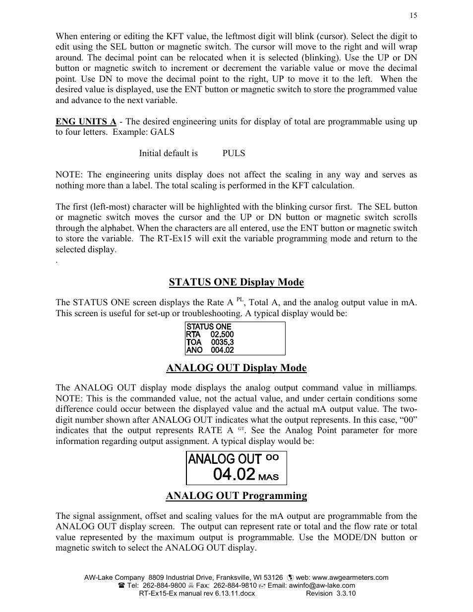 Status one display mode, Analog out display mode, Analog out programming | AW Gear Meters RT-Ex15-Ex User Manual | Page 15 / 20