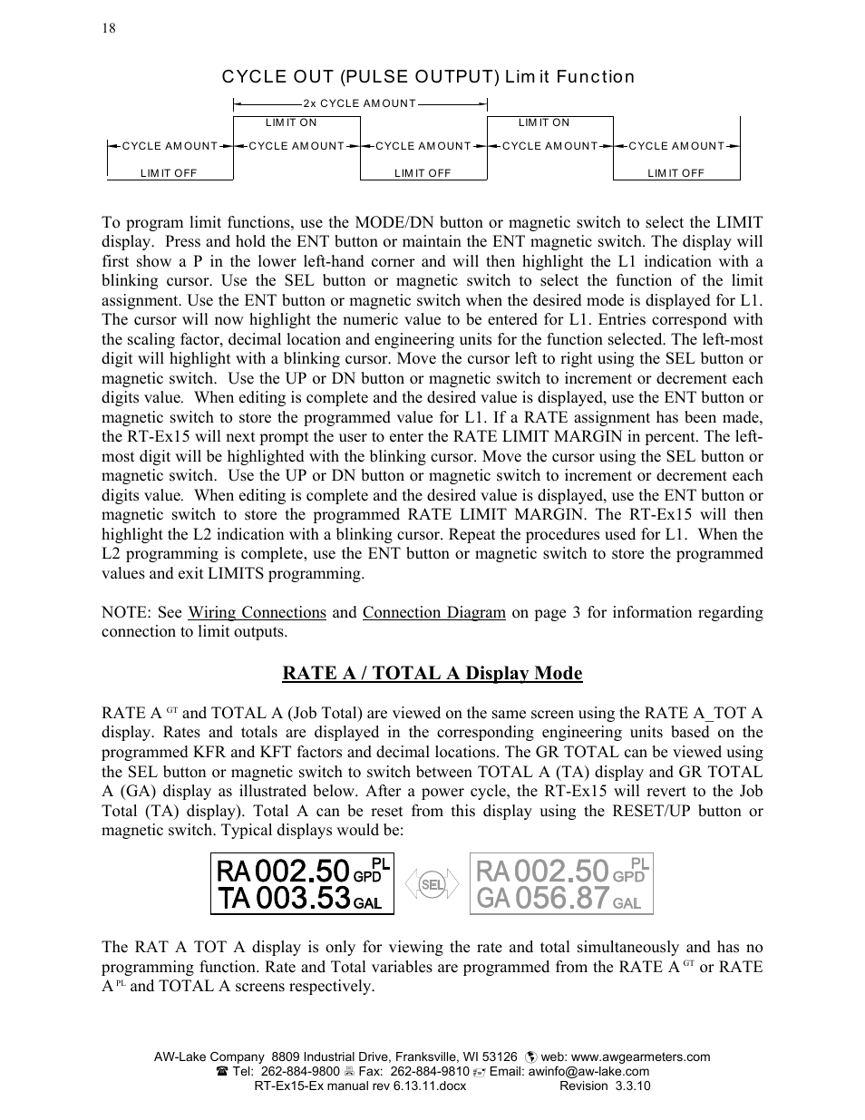 Rate a / total a display mode, C yc le out (pulse output) lim it func tio n, Rate a | Or rate a, And total a screens respectively | AW Gear Meters RT-Ex15-Ex User Manual | Page 18 / 20