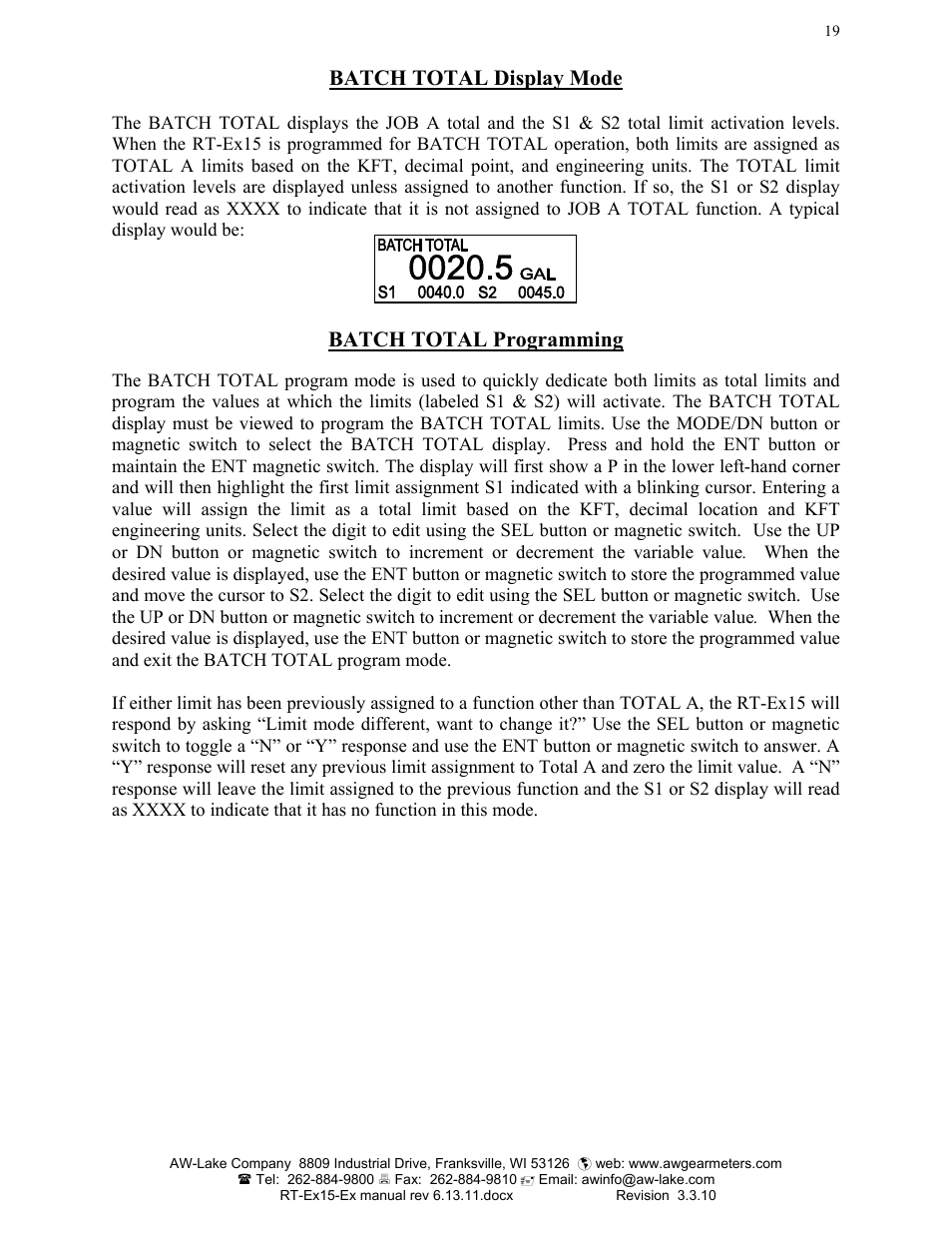 Batch total display mode, Batch total programming | AW Gear Meters RT-Ex15-Ex User Manual | Page 19 / 20