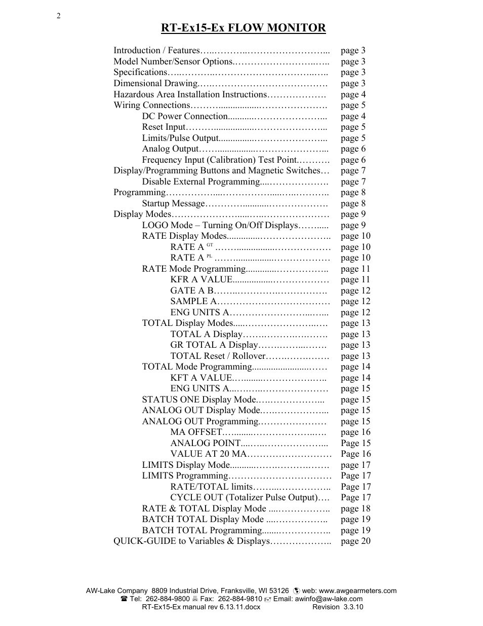 Rt-ex15-ex flow monitor | AW Gear Meters RT-Ex15-Ex User Manual | Page 2 / 20