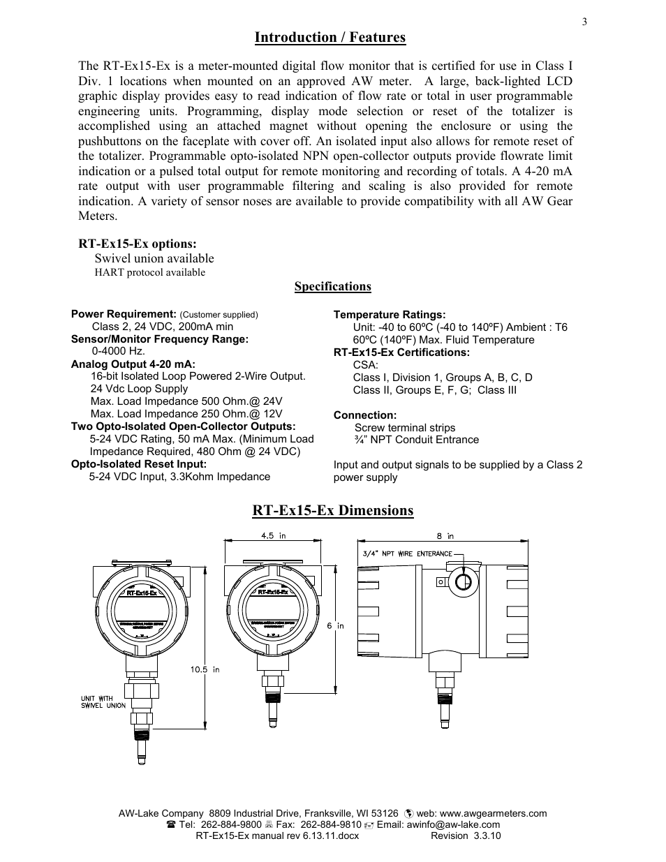 Introduction / features, Rt-ex15-ex dimensions | AW Gear Meters RT-Ex15-Ex User Manual | Page 3 / 20