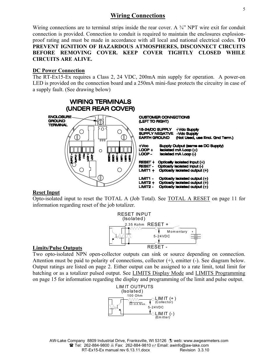 Wiring connections | AW Gear Meters RT-Ex15-Ex User Manual | Page 5 / 20