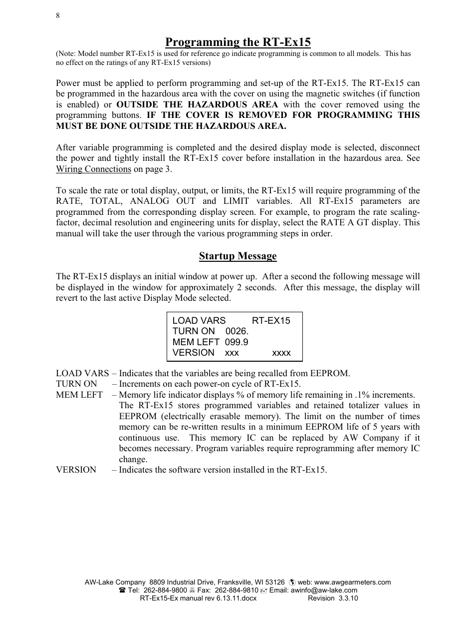 Programming the rt-ex15, Startup message | AW Gear Meters RT-Ex15-Ex User Manual | Page 8 / 20