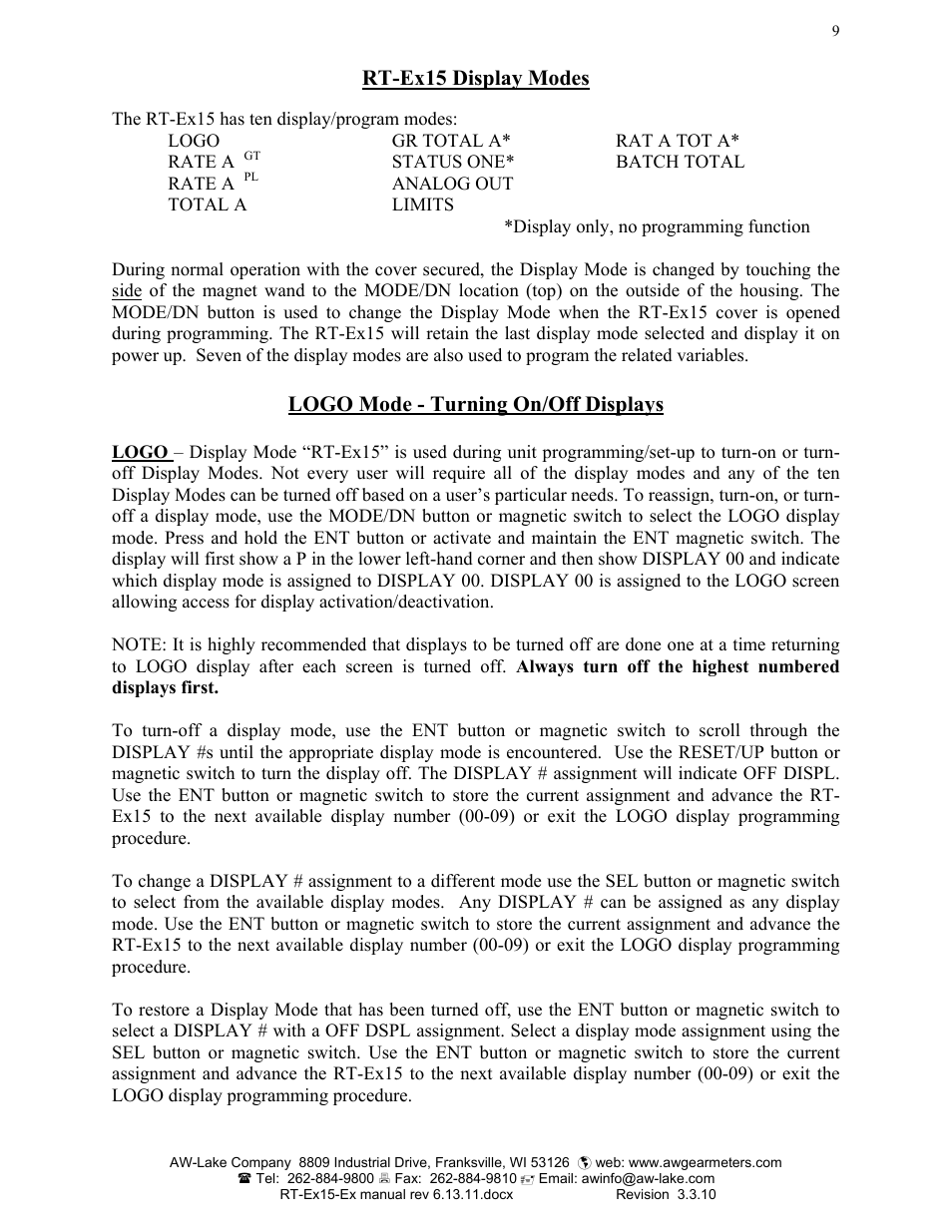 Rt-ex15 display modes, Logo mode - turning on/off displays | AW Gear Meters RT-Ex15-Ex User Manual | Page 9 / 20