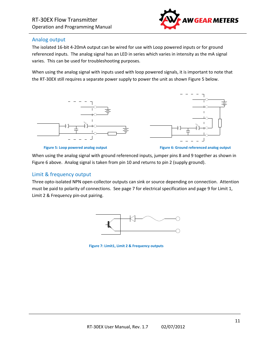 Analog output, Limit & frequency output, Rt-30ex flow transmitter | Operation and programming manual | AW Gear Meters RT-30EX User Manual | Page 11 / 40