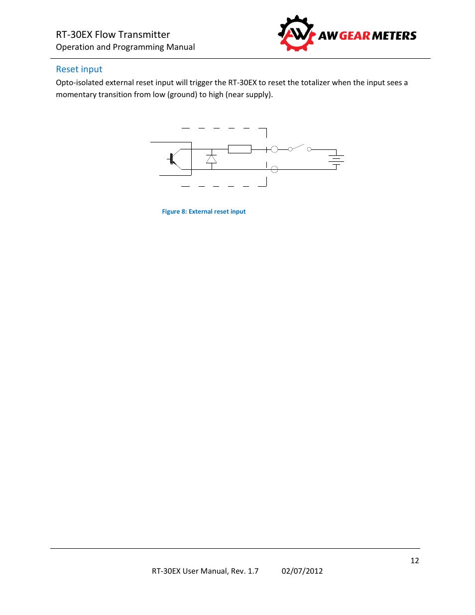 Reset input, Rt-30ex flow transmitter | AW Gear Meters RT-30EX User Manual | Page 12 / 40