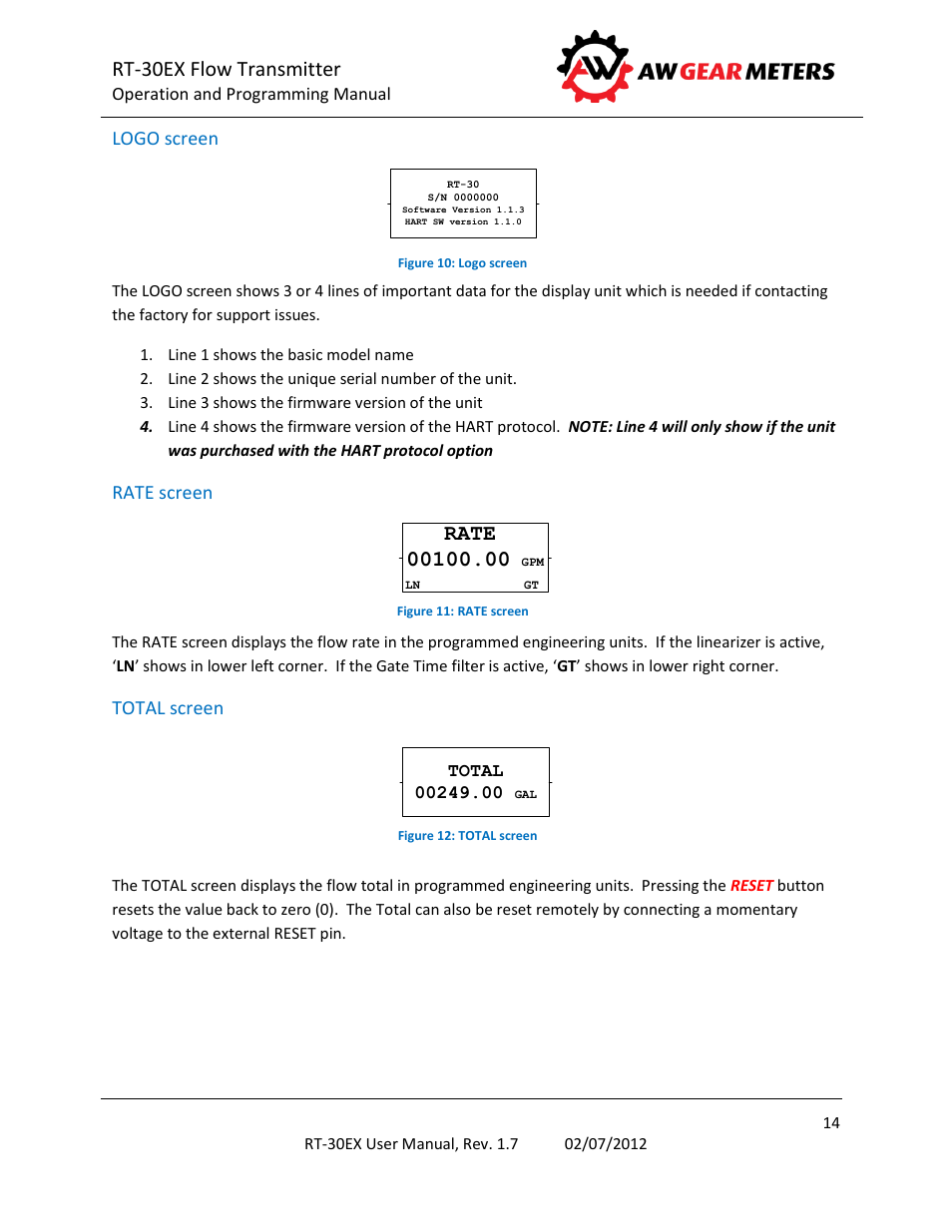 Logo screen, Rate screen, Total screen | Rt-30ex flow transmitter, Rate | AW Gear Meters RT-30EX User Manual | Page 14 / 40
