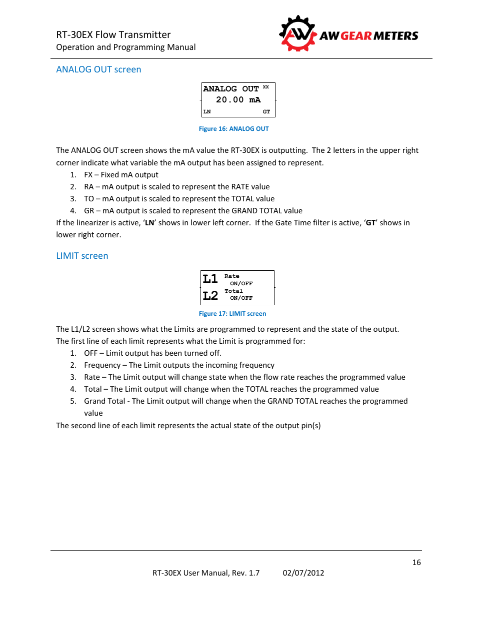 Analog out screen, Limit screen, L1 l2 | Rt-30ex flow transmitter | AW Gear Meters RT-30EX User Manual | Page 16 / 40