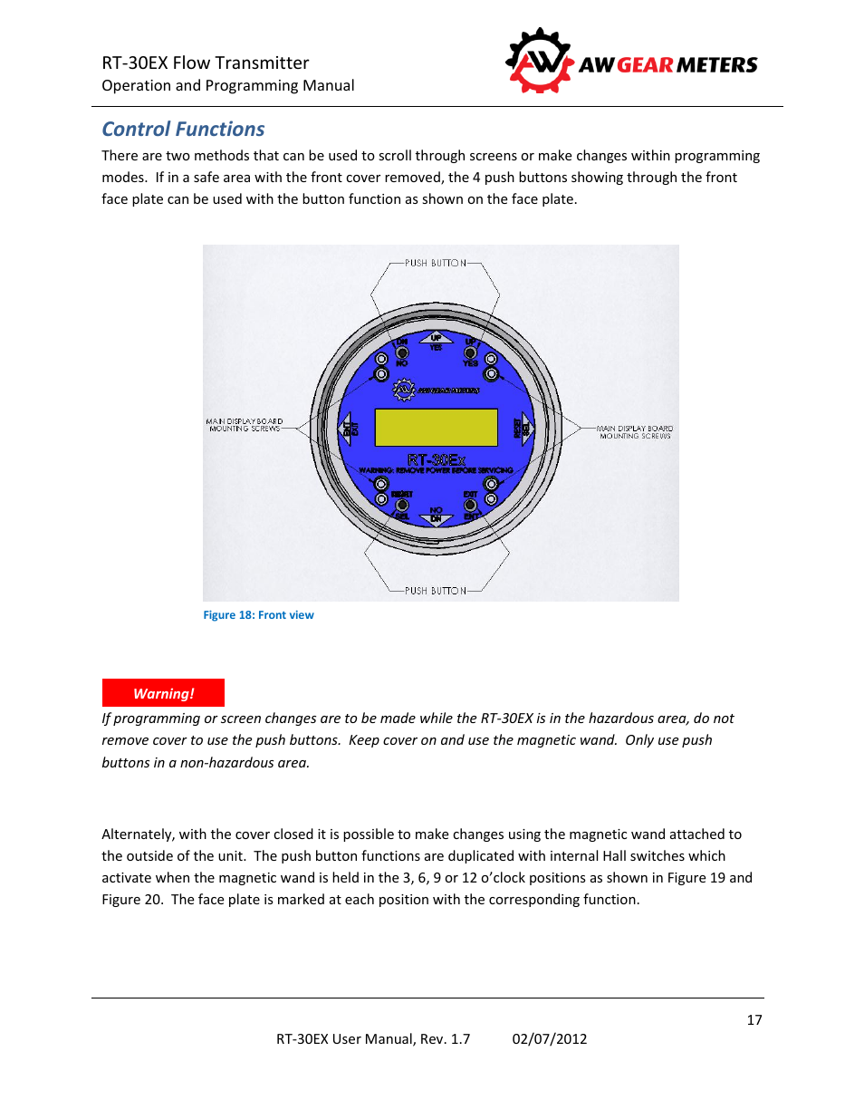 Control functions, Rt-30ex flow transmitter | AW Gear Meters RT-30EX User Manual | Page 17 / 40