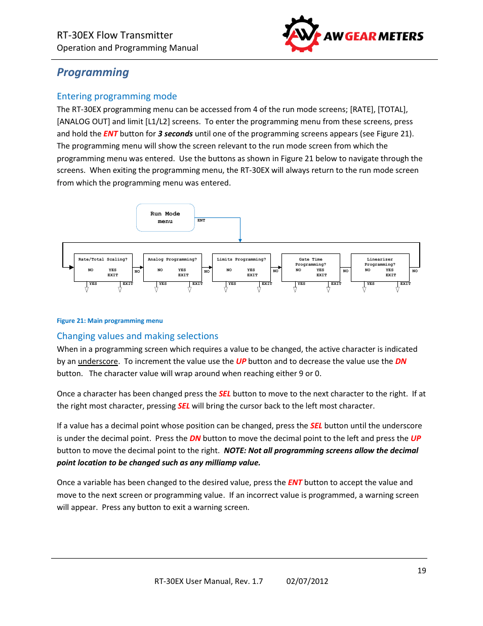 Programming, Entering programming mode, Changing values and making selections | Rt-30ex flow transmitter, Operation and programming manual | AW Gear Meters RT-30EX User Manual | Page 19 / 40