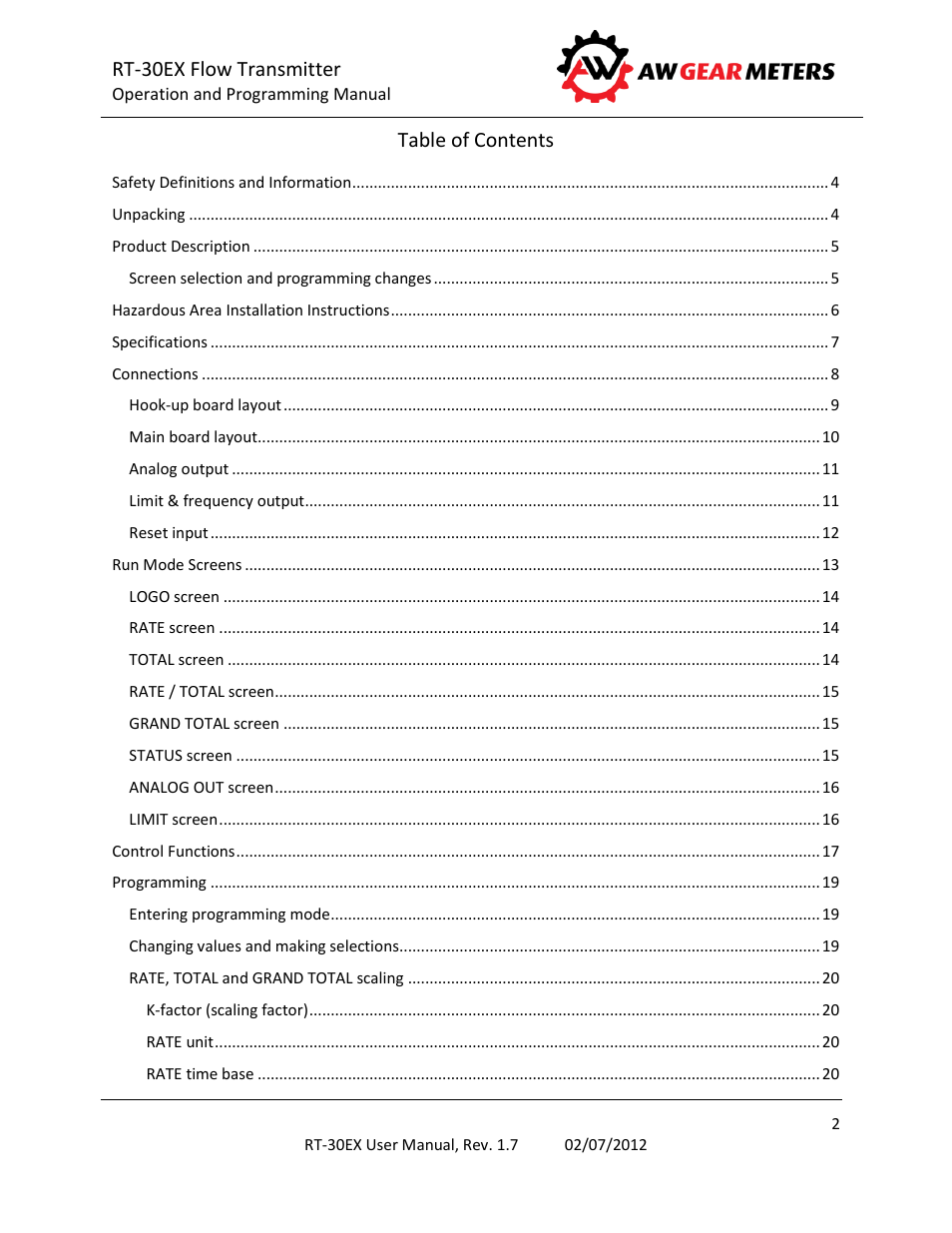 AW Gear Meters RT-30EX User Manual | Page 2 / 40