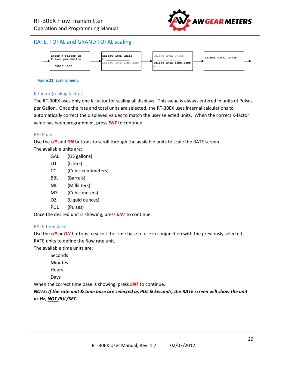 Rate, total and grand total scaling, K-factor (scaling factor), Rate unit | Rate time base, Rt-30ex flow transmitter | AW Gear Meters RT-30EX User Manual | Page 20 / 40