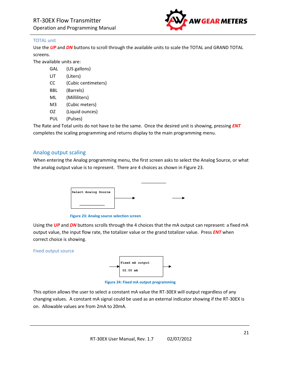 Total unit, Analog output scaling, Fixed output source | Rt-30ex flow transmitter | AW Gear Meters RT-30EX User Manual | Page 21 / 40