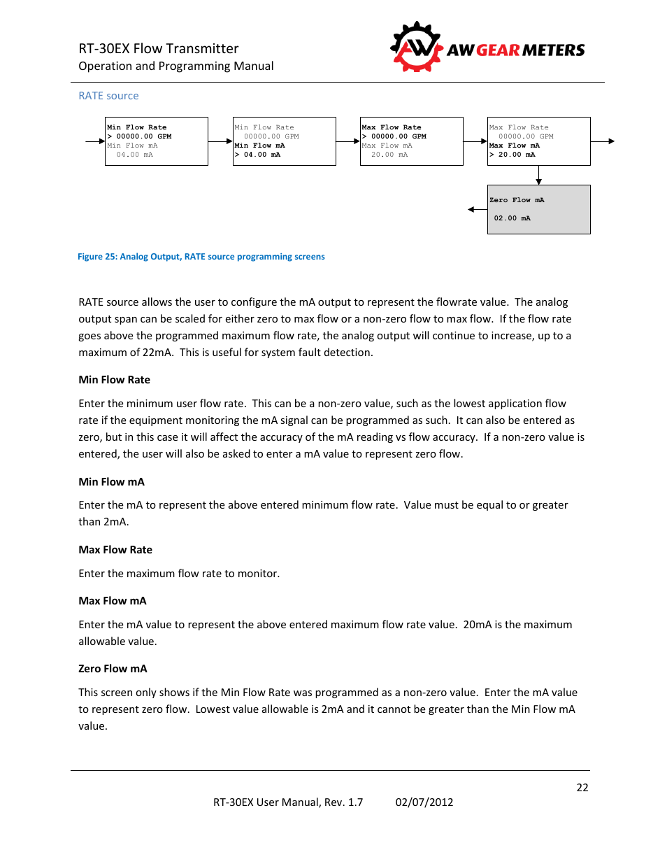 Rate source, Rt-30ex flow transmitter | AW Gear Meters RT-30EX User Manual | Page 22 / 40