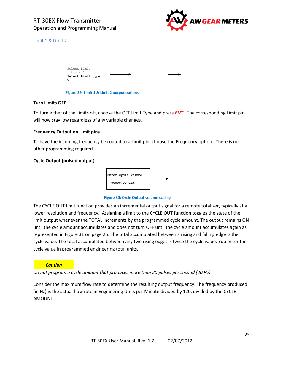 Limit 1 & limit 2, Rt-30ex flow transmitter | AW Gear Meters RT-30EX User Manual | Page 25 / 40