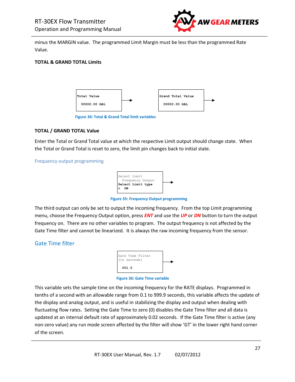 Frequency output programming, Gate time filter, Rt-30ex flow transmitter | AW Gear Meters RT-30EX User Manual | Page 27 / 40