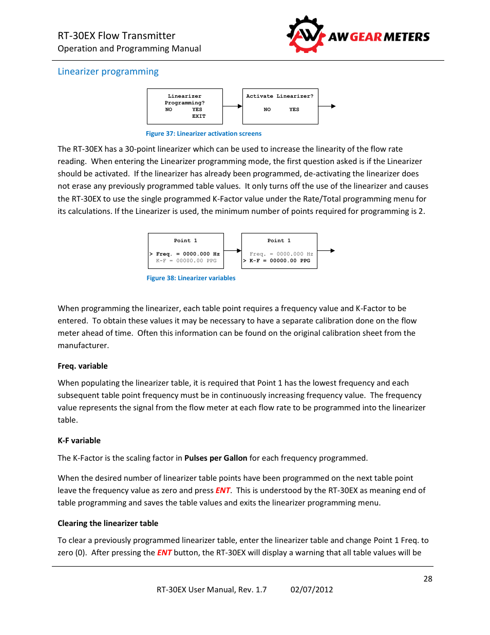 Linearizer programming, Rt-30ex flow transmitter | AW Gear Meters RT-30EX User Manual | Page 28 / 40