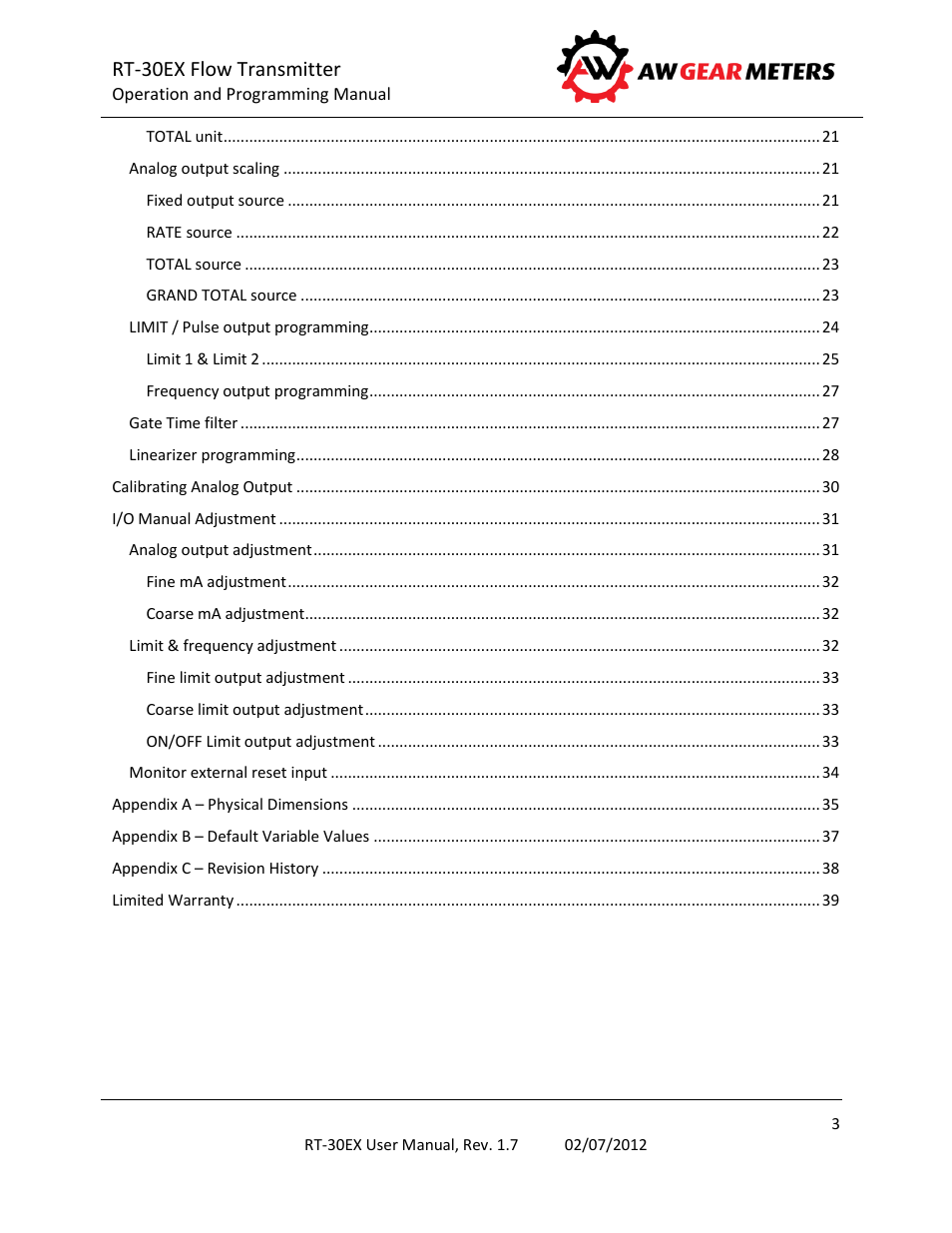 Rt-30ex flow transmitter | AW Gear Meters RT-30EX User Manual | Page 3 / 40