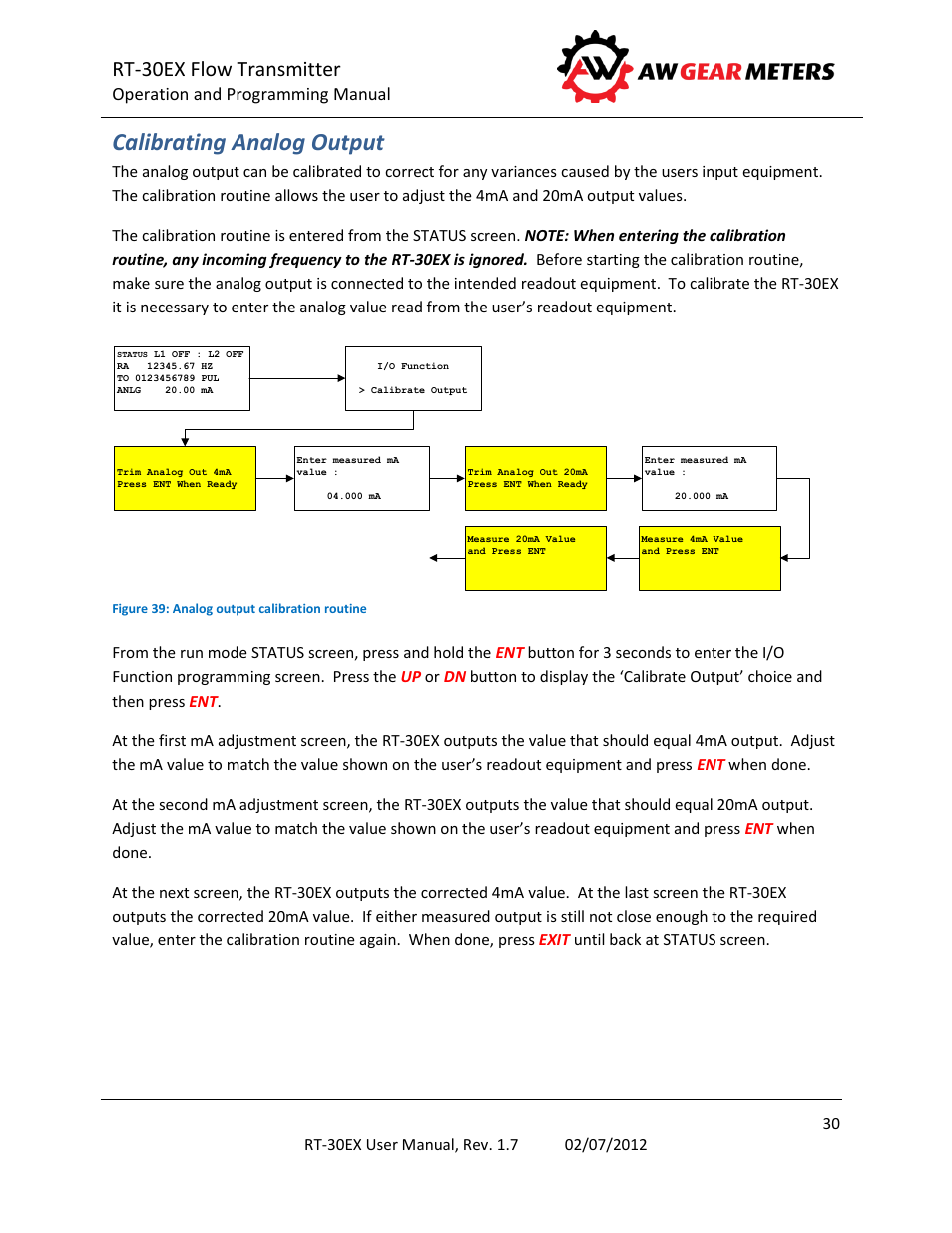 Calibrating analog output, Rt-30ex flow transmitter, Operation and programming manual | AW Gear Meters RT-30EX User Manual | Page 30 / 40