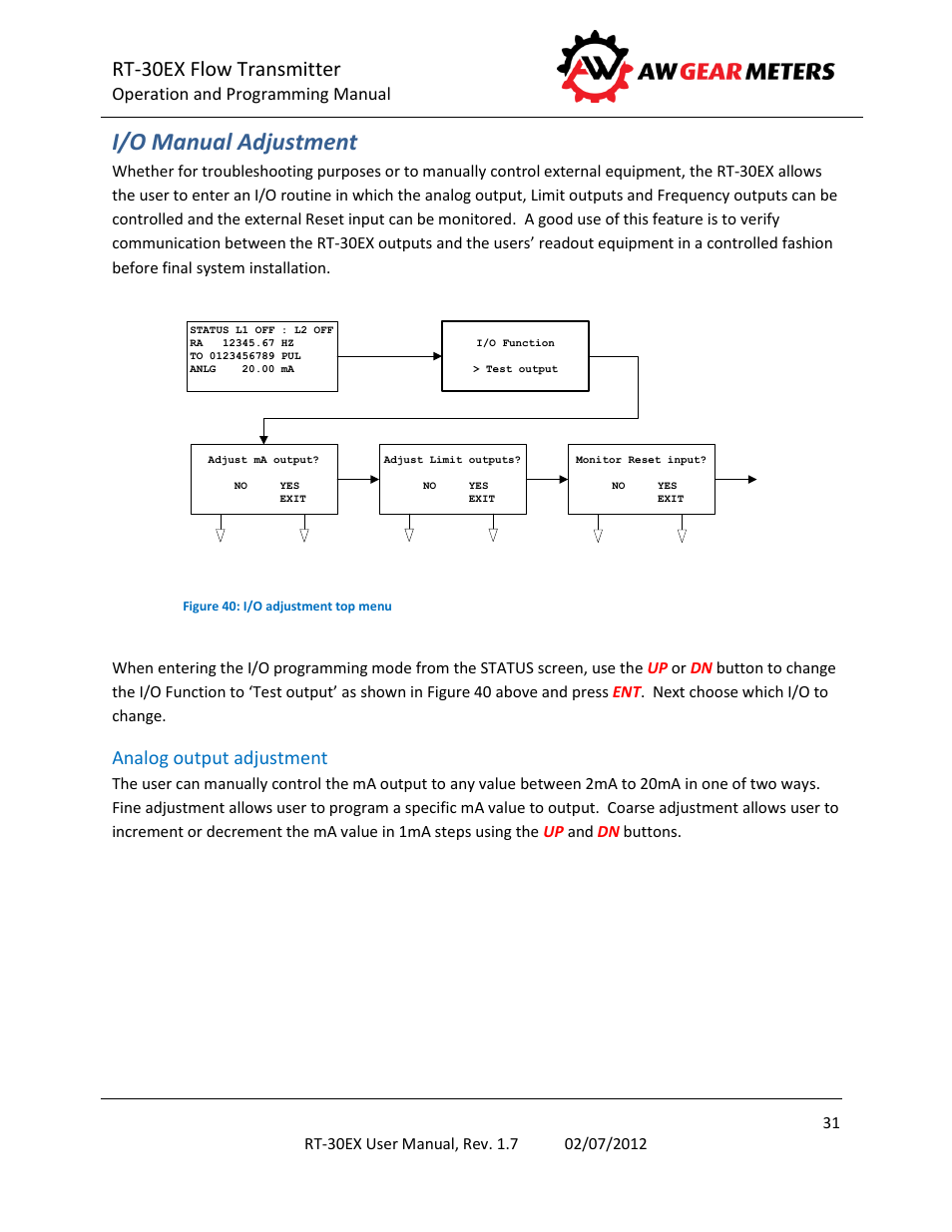 I/o manual adjustment, Analog output adjustment, Rt-30ex flow transmitter | Operation and programming manual | AW Gear Meters RT-30EX User Manual | Page 31 / 40