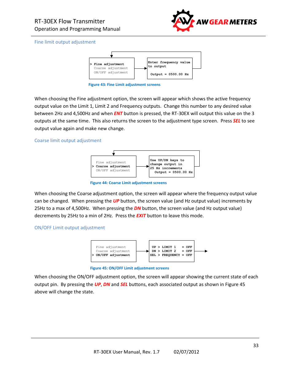 Fine limit output adjustment, Coarse limit output adjustment, On/off limit output adjustment | Rt-30ex flow transmitter | AW Gear Meters RT-30EX User Manual | Page 33 / 40