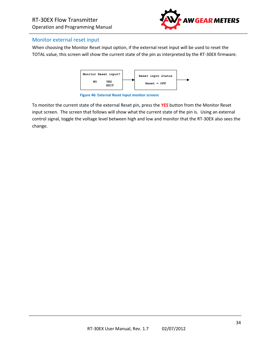 Monitor external reset input, Rt-30ex flow transmitter | AW Gear Meters RT-30EX User Manual | Page 34 / 40