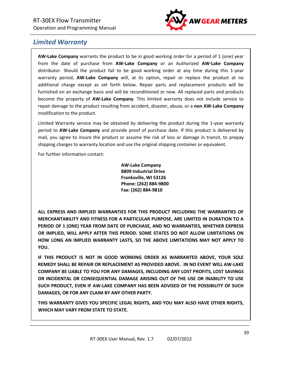 Limited warranty, Rt-30ex flow transmitter | AW Gear Meters RT-30EX User Manual | Page 39 / 40
