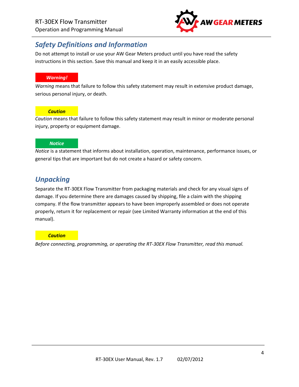 Safety definitions and information, Unpacking | AW Gear Meters RT-30EX User Manual | Page 4 / 40