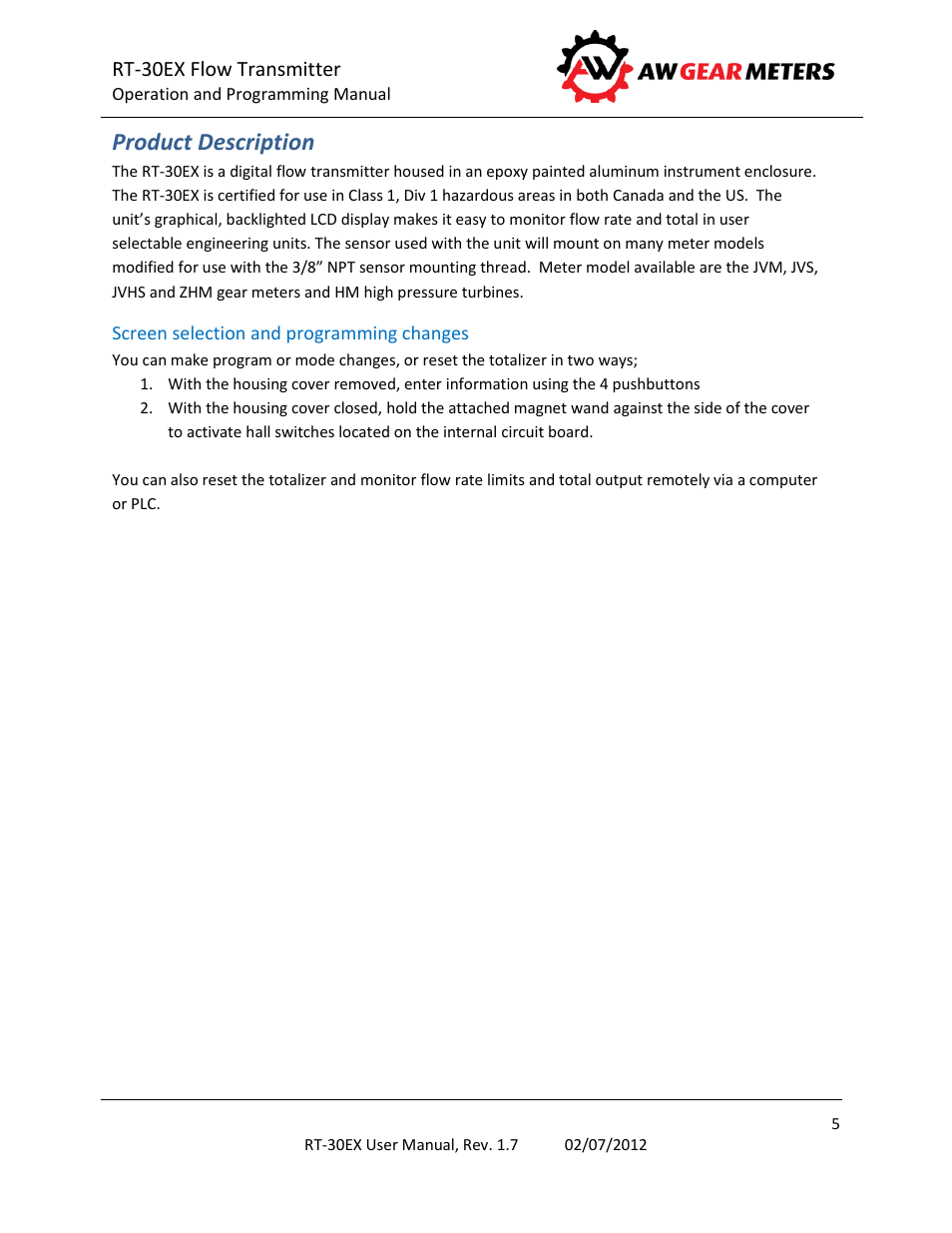 Product description, Screen selection and programming changes | AW Gear Meters RT-30EX User Manual | Page 5 / 40