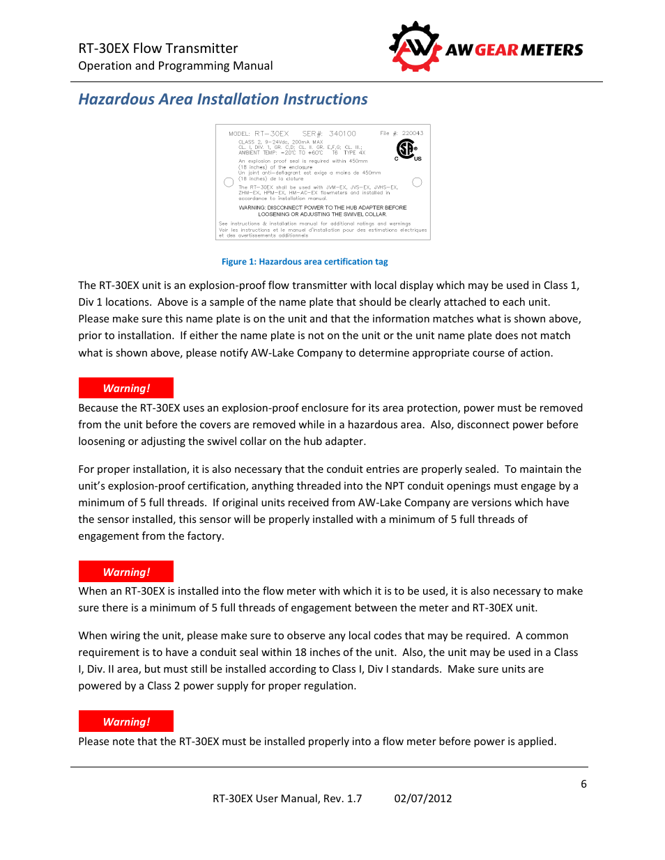 Hazardous area installation instructions, Rt-30ex flow transmitter | AW Gear Meters RT-30EX User Manual | Page 6 / 40