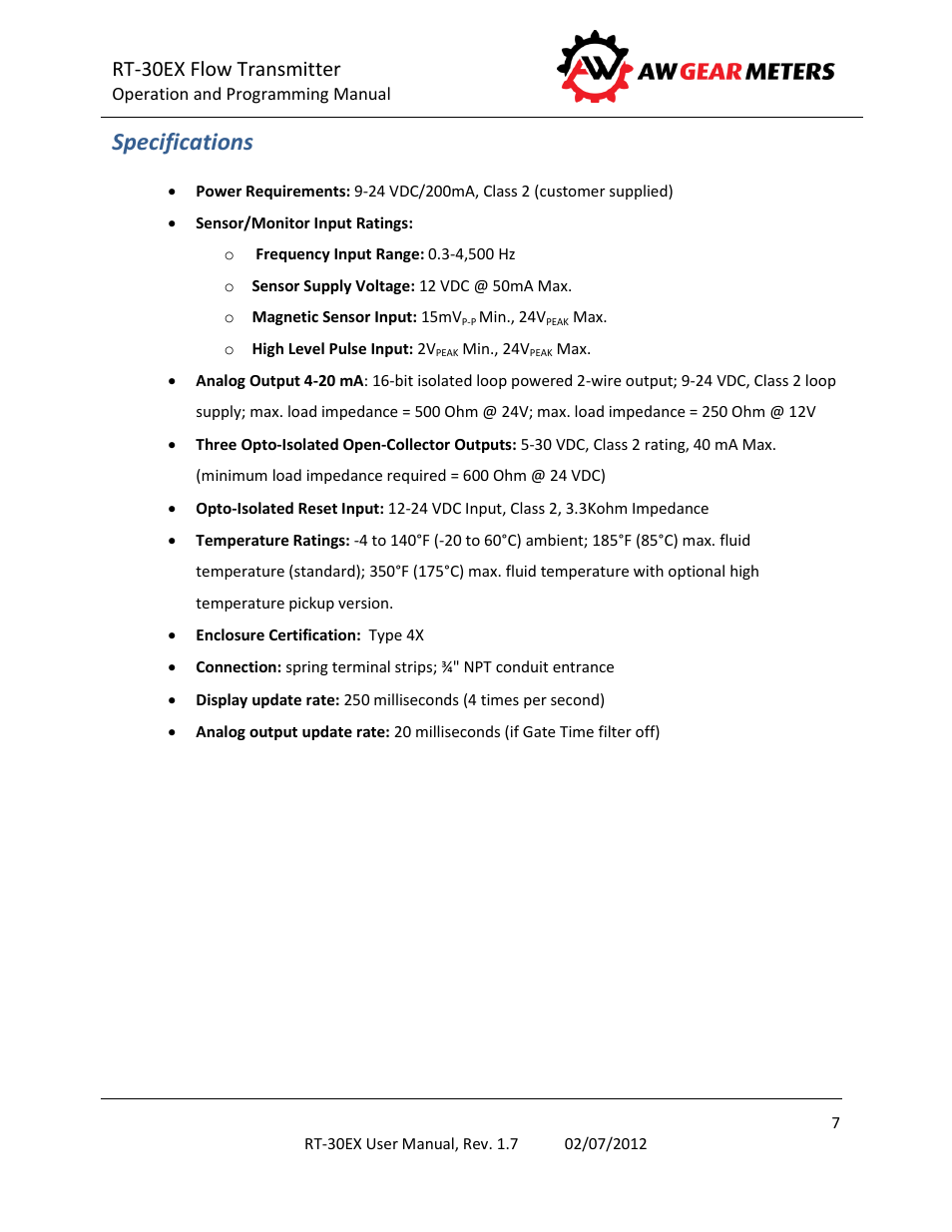 Specifications, Rt-30ex flow transmitter | AW Gear Meters RT-30EX User Manual | Page 7 / 40