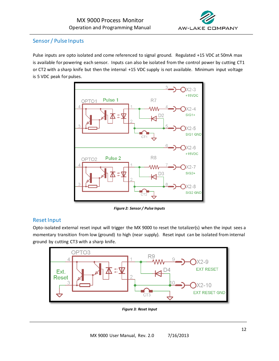 Sensor / pulse inputs, Reset input, Mx 9000 process monitor | AW Gear Meters MX 9000 User Manual | Page 13 / 52