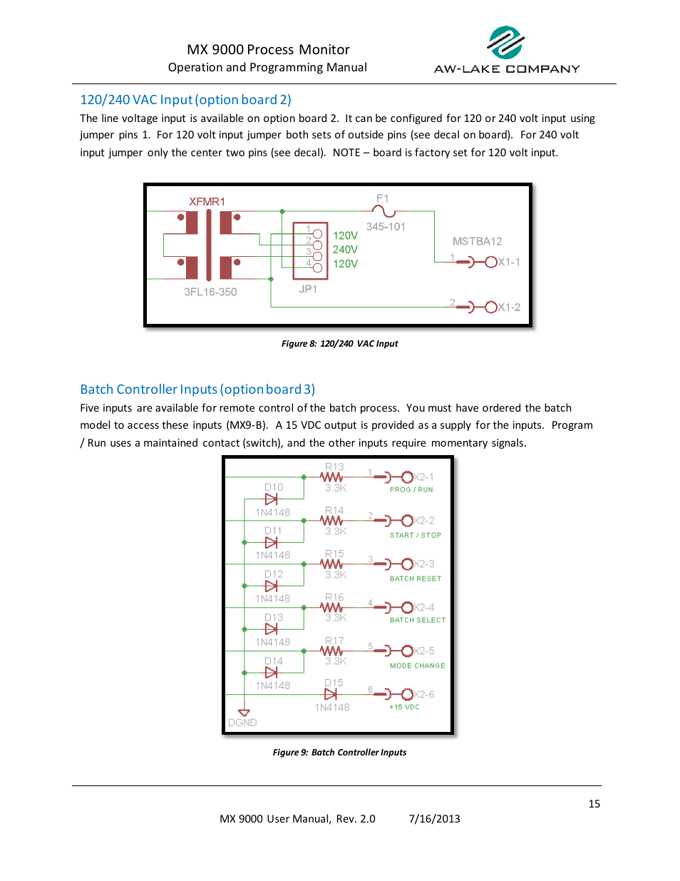 120/240 vac input (option board 2), Batch controller inputs (option board 3), Mx 9000 process monitor | AW Gear Meters MX 9000 User Manual | Page 16 / 52