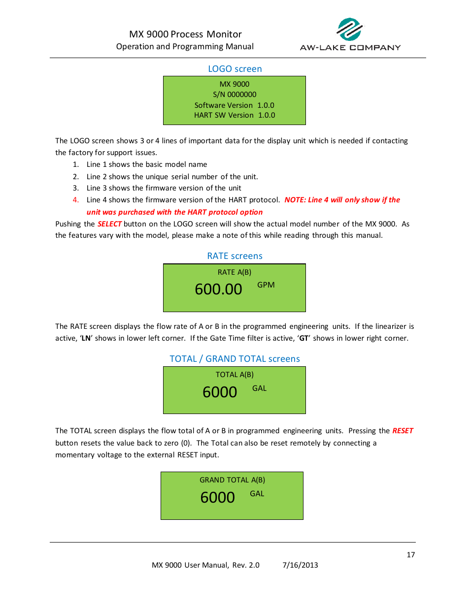 Logo screen, Rate screens, Total / grand total screens | AW Gear Meters MX 9000 User Manual | Page 18 / 52