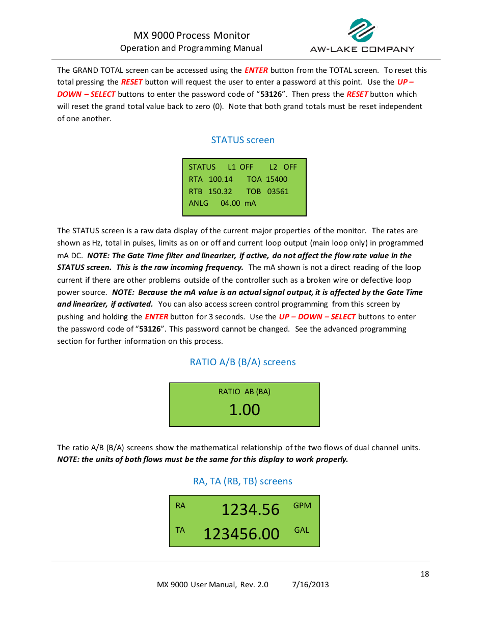 Status screen, Ratio ab/ba screens, Ra/ta (rb/tb) screens | AW Gear Meters MX 9000 User Manual | Page 19 / 52