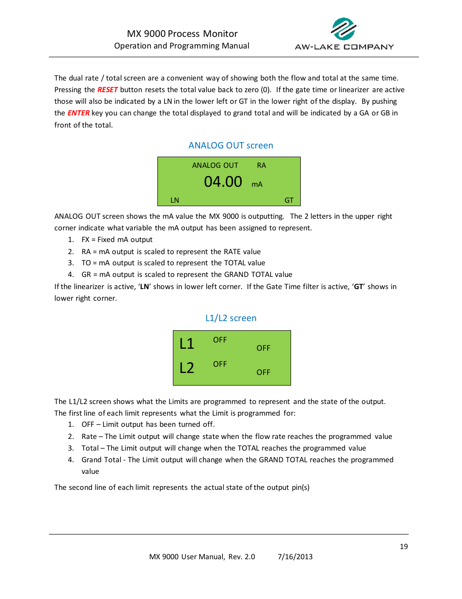 Analog out screen, L1/l2 screen | AW Gear Meters MX 9000 User Manual | Page 20 / 52
