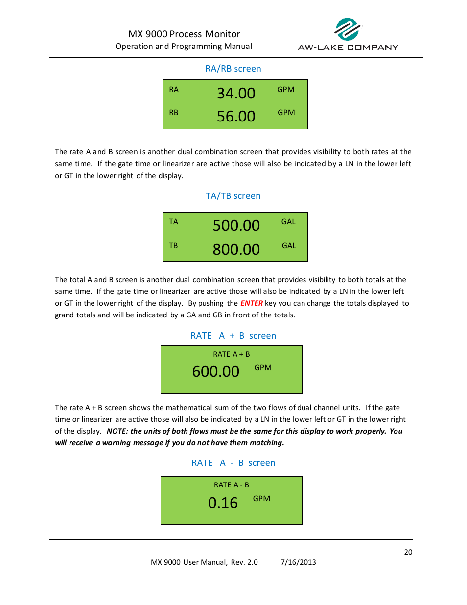Ra/rb screen, Ta/tb screen, Rate a + b screen | Rate a - b screen | AW Gear Meters MX 9000 User Manual | Page 21 / 52
