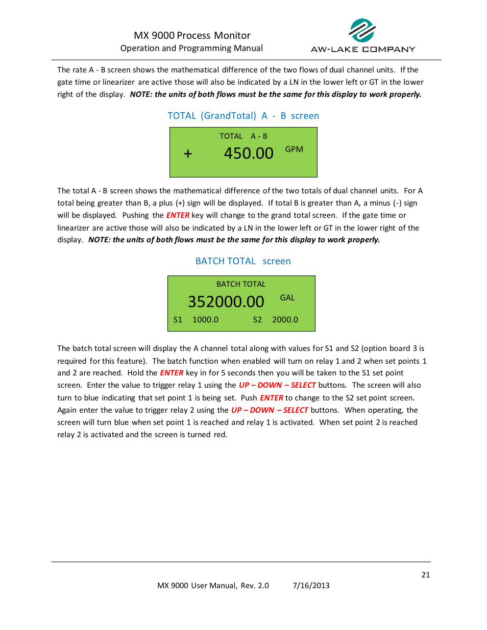 Total (grandtotal) a - b screen, Batch total screen, Control functions | AW Gear Meters MX 9000 User Manual | Page 22 / 52
