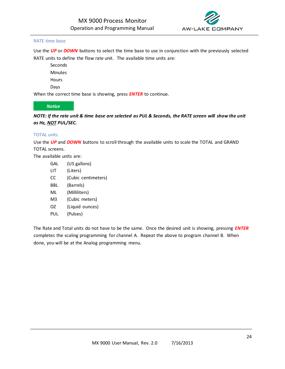 Rate time base, Total units, Analog output scaling | Mx 9000 process monitor | AW Gear Meters MX 9000 User Manual | Page 25 / 52