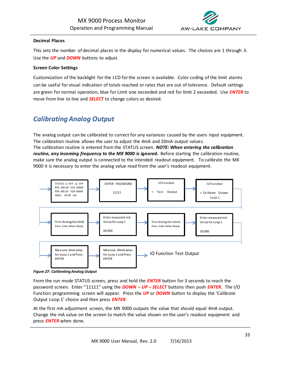 Calibrating analog output, Mx 9000 process monitor | AW Gear Meters MX 9000 User Manual | Page 34 / 52