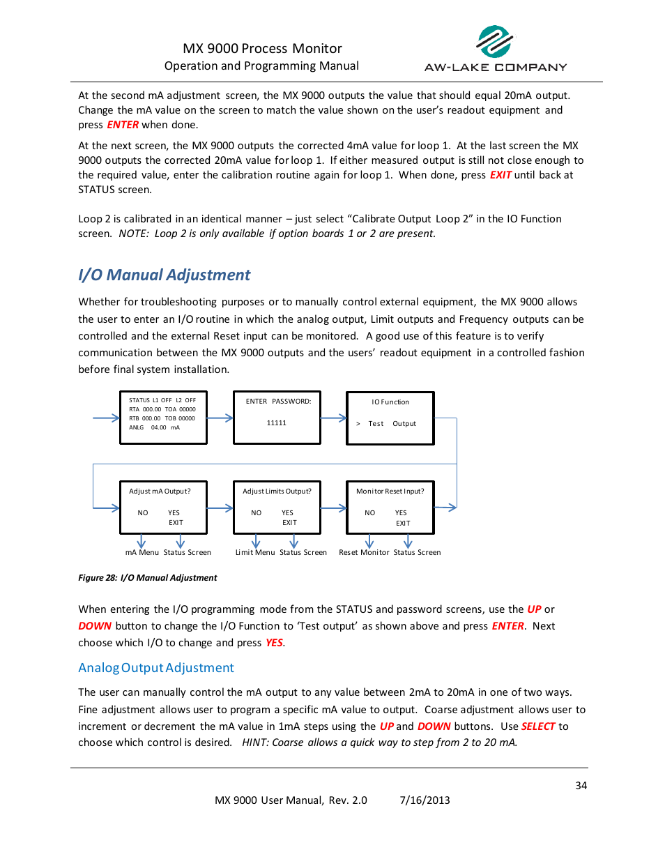 I/o manual adjustment, Analog output adjustment, Mx 9000 process monitor | AW Gear Meters MX 9000 User Manual | Page 35 / 52