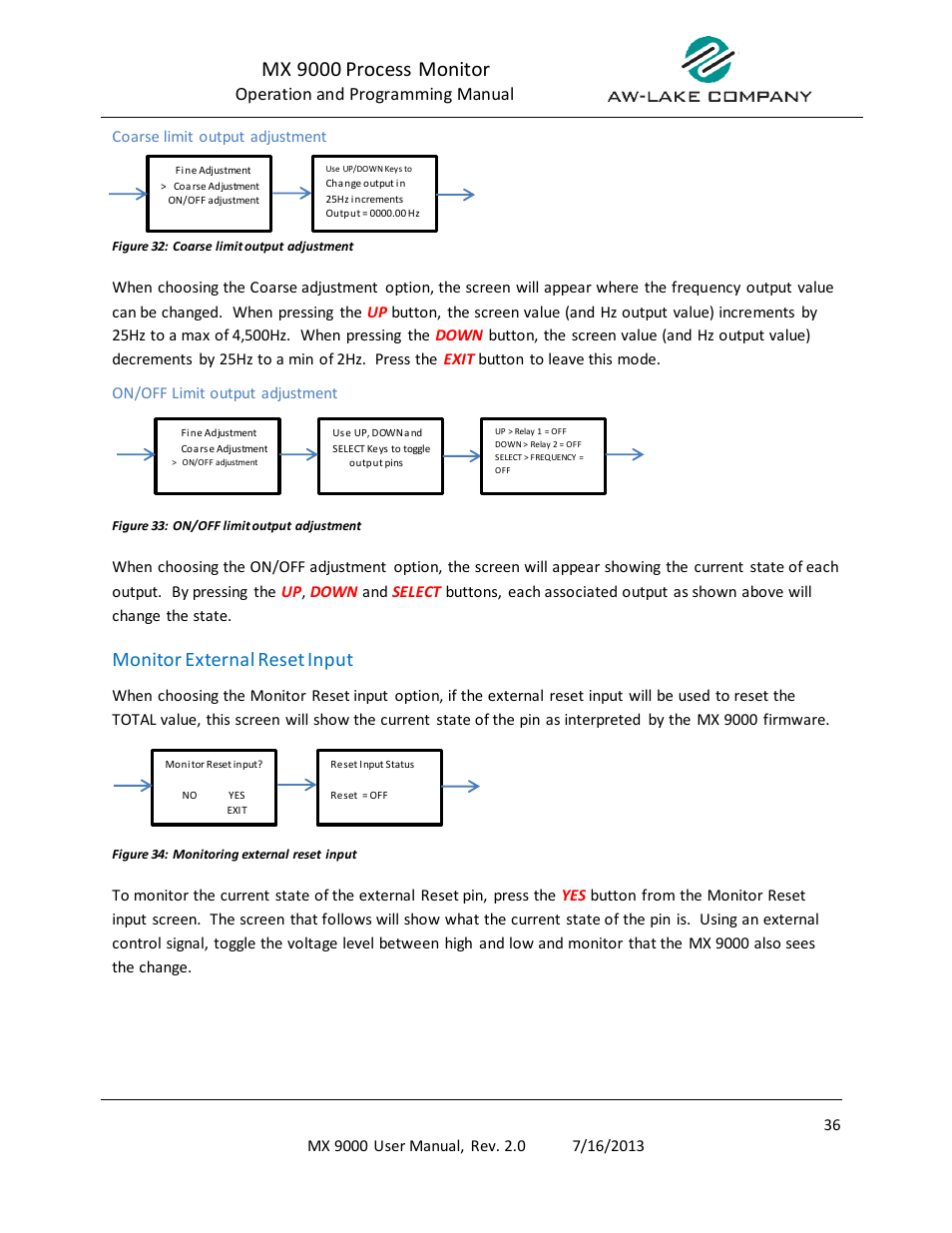 Coarse limit output adjustment, On/off limit output adjustment, Monitor external reset input | Ratio ab / ba programming, Mx 9000 process monitor | AW Gear Meters MX 9000 User Manual | Page 37 / 52