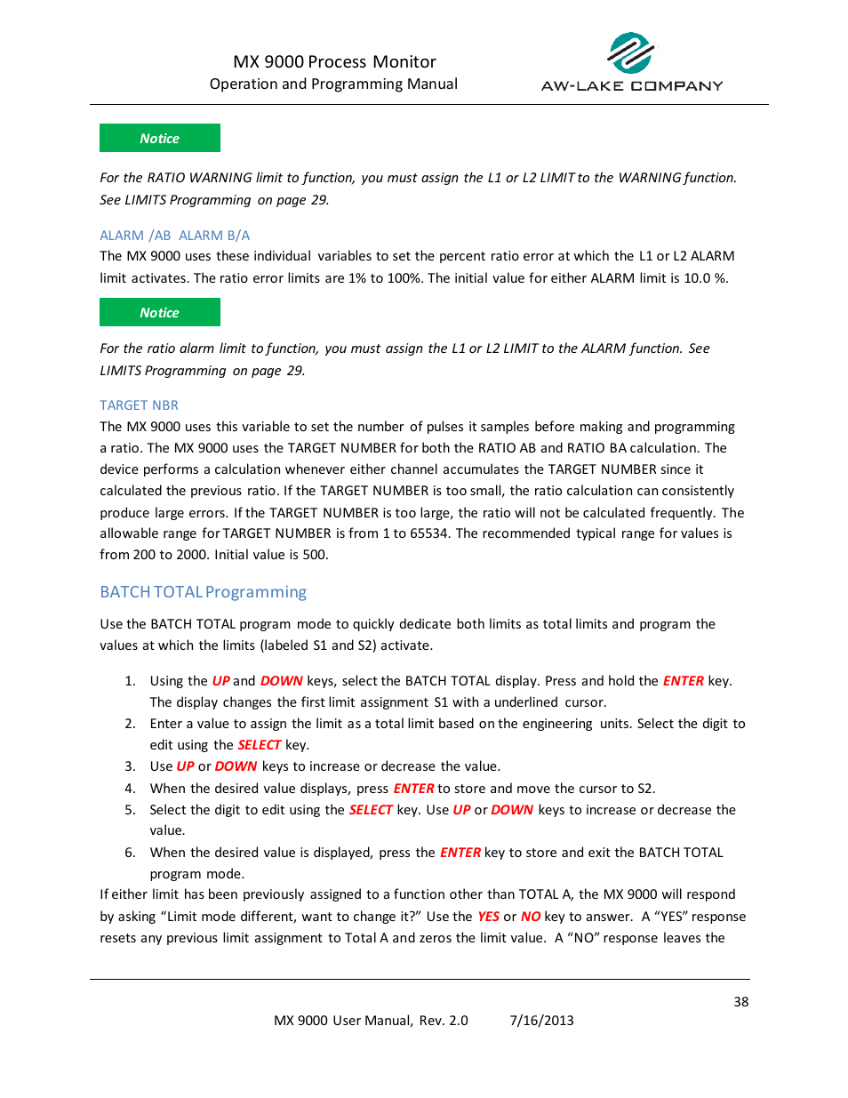 Alarm ab/alarm ba, Target nbr, Batch total programming | Mx 9000 process monitor | AW Gear Meters MX 9000 User Manual | Page 39 / 52