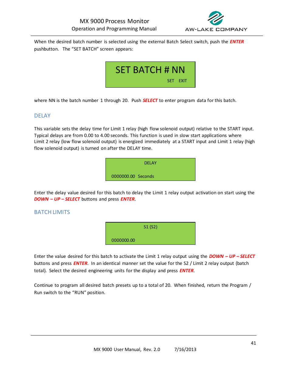 Set batch # nn, Mx 9000 process monitor | AW Gear Meters MX 9000 User Manual | Page 42 / 52