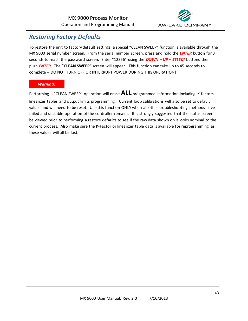 Restoring factory defaults, Mx 9000 process monitor | AW Gear Meters MX 9000 User Manual | Page 44 / 52