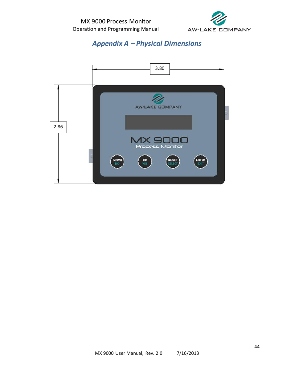 Appendix a – physical dimensions, Mx 9000 process monitor | AW Gear Meters MX 9000 User Manual | Page 45 / 52