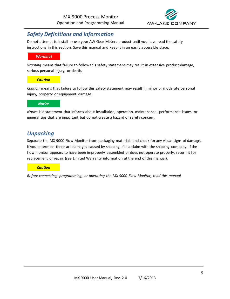 Safety definitions and information, Unpacking | AW Gear Meters MX 9000 User Manual | Page 6 / 52